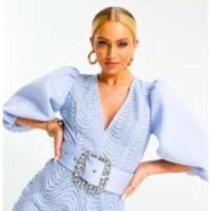 ASOS Design Blue Puff Sleeve Wiggle Midi Dress With Diamante Belt Size 0